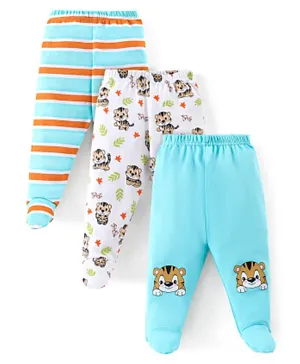 Babyhug Cotton Booties Pant Striped & Tiger Print Pack of 3 - Blue & White