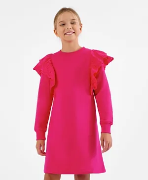 Primo Gino 100% Cotton Full Sleeves Winter Frock Solid Colour - Pink