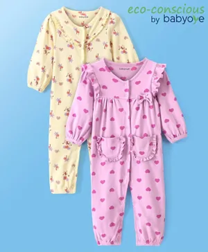 Babyoye 2 Pack Eco Conscious 100% Cotton Full Sleeves Romper With Heart & Zebra - Yellow & Pink