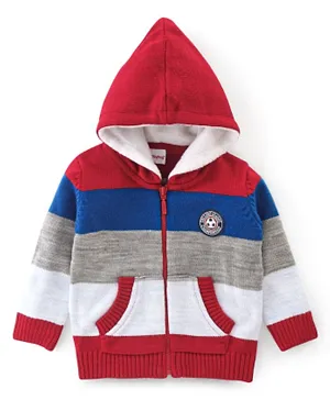 Babyhug Acrylic Full Sleeves Striped Hooded Sweater- Blue & Red