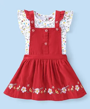 Babyhug Cotton Knit Frill Sleeves Frock with Inner Tee Floral Print - Red & White