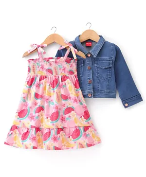 Babyhug 100% Cotton Knit Floral Print Frock With Full Sleeves Denim Jacket - Blue & Pink