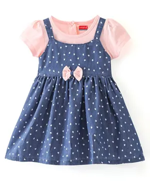 Babyhug Cotton Knit Frock & Half Sleeves Inner Tee With Heart Print - Pink & Blue