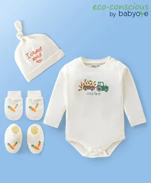Babyoye 100% Cotton with Eco Jiva Finish Full Sleeves Onesie with Cap Mittens & Booties Tractor Print - White