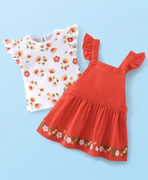 Babyhug Cotton Knit Short Sleeves Inner Tee with Corduroy Floral Printed Frock - Red