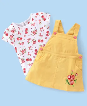 Babyhug 100% Cotton Knit Corduroy Frock With Half Sleeves Inner Tee Floral Print & Embroidery - Yellow
