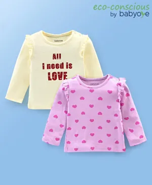 Babyoye Eco Conscious 100% Cotton Heart Print Full Sleeves T-Shirts Pack of 2 - Pink & Yellow