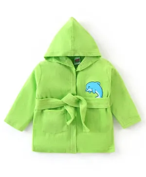 Babyhug Terry Full Sleeves Hooded Bath Robe Dolphin Print- Green