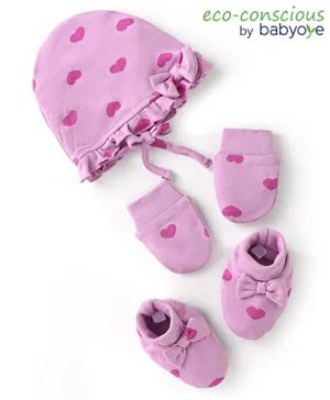 Babyoye Eco Conscious 100% Cotton Cap Mittens & Booties With Heart Print - Lilac
