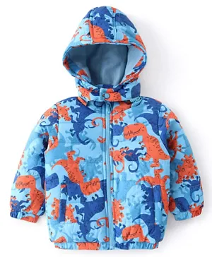 Babyhug Woven Full Sleeves Jacket With Detachable Hood Dino Print - Orange & Blue