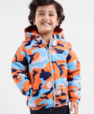 Babyhug Full Sleeves Hoodie With Camouflage Print - Orange & Blue