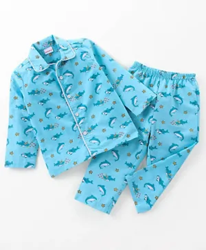 Babyhug Single Jersey Woven Full Sleeves Night Suit Shark Print - Blue
