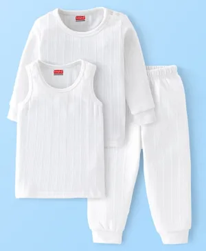 Babyhug Cotton Full Sleeves Solid Thermal Vests & Pajama Set - Off White