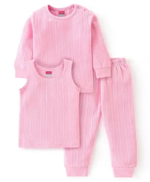 Babyhug Cotton Full Sleeves Solid Thermal Vests & Pajama Set - Pink