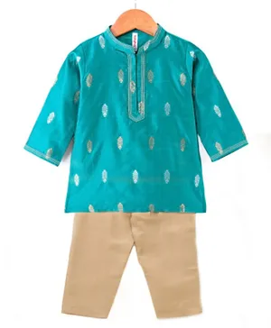 Babyhug Full Sleeves Kurta & Pyjama Set With Foil Print- Turquoise