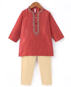 Babyhug Full Sleeves Solid Kurta Pyjama Set - Orange & Red