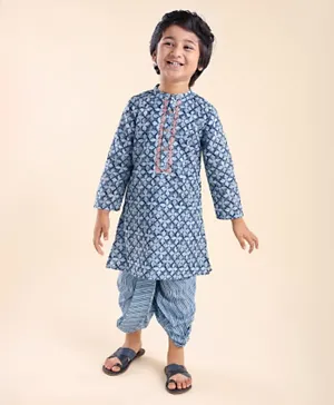Babyhug 100% Cotton Full Sleeves Woven Floral Printed Kurta Dhoti Set - Blue