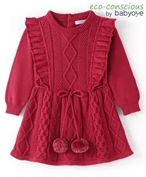 Babyoye Eco Conscious 100% Cotton Solid Cable Knit Full Sleeves Sweater Frock - Red