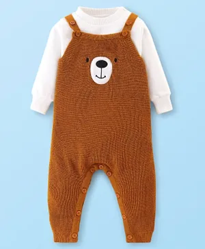 Babyhug Knitted Winter Wear Dungaree Style Romper Teddy Applique - Brown & White