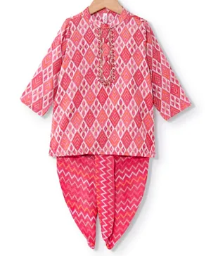 Babyhug 100% Cotton Full Sleeves Printed Kurta & Dhoti Set With Embroidery- Coral