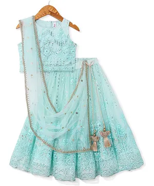 Babyhug Sleeveless Sequenced Embroidered Choli With Lehenga And Dupatta Set- Aqua