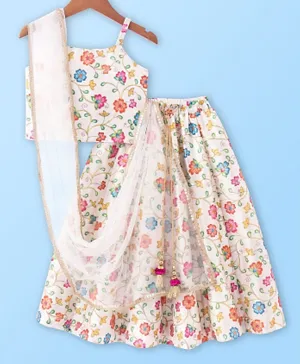 Babyhug Sleeveless Floral Printed & Embroidered Choli With Lehenga And Dupatta- White Blue & Pink