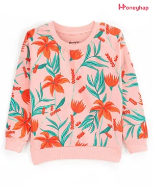 Honeyhap Premium Cotton Light Weight Looper Full Sleeves Sweatshirt With Bio Wash Tropical Print- Tropical Peach