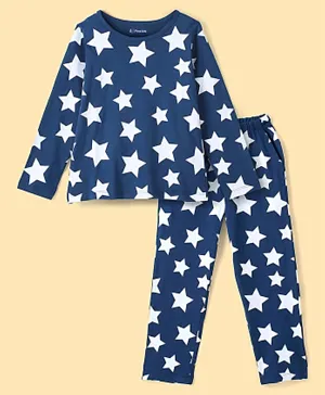 Pine Kids Cotton Full Sleeves Night Suit With Polka Print All Over Star Printed - Blue