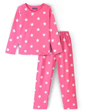 Pine Kids Cotton Knit Full Sleeves Stars Printed Bio-Washed Night Suit - Pink