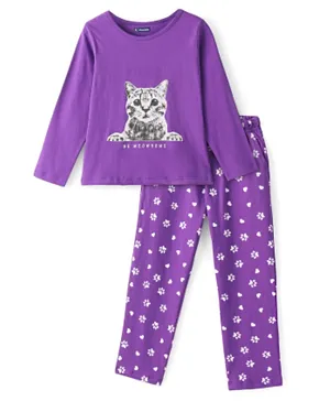 Pine Kids 100% Cotton Bio Washed Single Jersey Full Sleeves Night Suit Be Meowsome Printed - Passion Flower