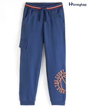 Honeyhap Premium Cotton Looper Full length  Lounge Pants with Bio Finish & Text Printed - Navy Peony