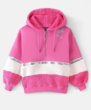 Pine Kids Full Sleeve Hooded Front Open Biowashed Sweatshirt with Glitter Butterflies - Fuchsia