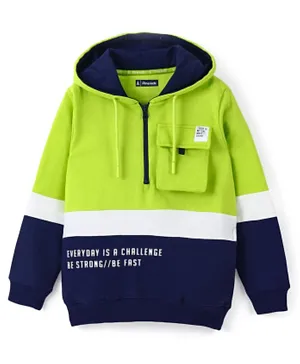 Pine Kids 100% Cotton Full Sleeves  Bio Washed Text Printed Hooded Sweatshirt - Green & Blue