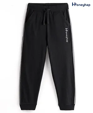 Honeyhap Premium Cotton Looper Full Length  Lounge Pants with Bio Finish & Text Embroidered - Black