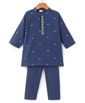 Babyhug Cotton Handloom Full Sleeves Dobby Kurta & Pyjama Set Triangles Detailing - Navy Blue