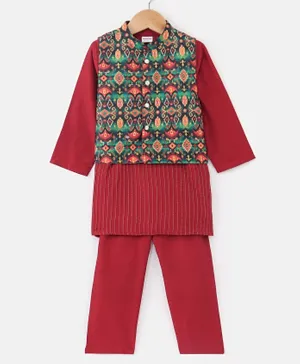 Babyhug Full Sleeves Embroidered Kurta Pyjama Set with Printed Jacket - Maroon
