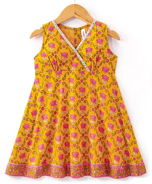 Babyhug 100% Cotton Woven Sleeveless Overlap Ethnic Dress Floral Print - Yellow