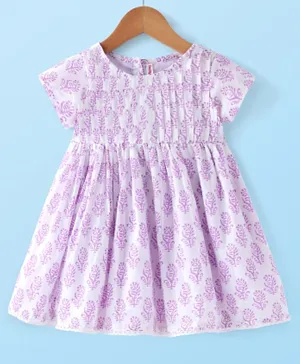 Babyhug 100% Cotton Woven Short Sleeve Ethnic Dress with Floral Print - Purple