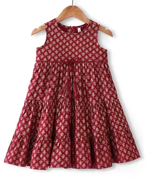 Babyhug 100% Cotton Woven Sleeveless Floral Printed Ethnic Dress -Maroon