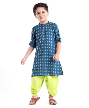 Babyhug Cotton Woven Full Sleeves Printed Kurta Dhoti Set - Teal Blue & Green