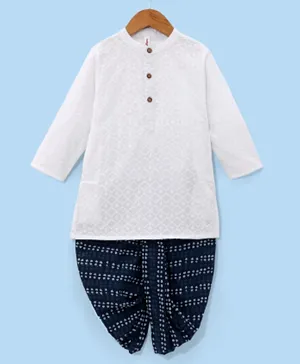 Babyhug 100% Cotton Schiffly Full Sleeves Kurta with Printed Dobby Dhoti Set - White