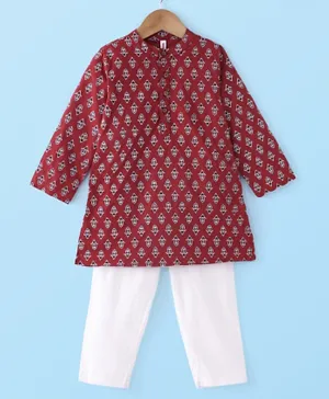Babyhug Cotton Woven Full Sleeves Floral Printed Kurta Pyjama Set - Red