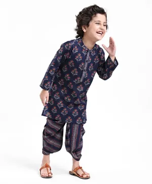 Babyhug 100% Cotton Full Sleeves Floral Print Kurta Dhoti Set - Navy Blue
