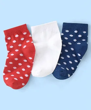 Honeyhap Premium Cotton Bamboo Non Terry Ankle Length Socks Solid Pack of 3 - White Navy Peony & High Risk Red