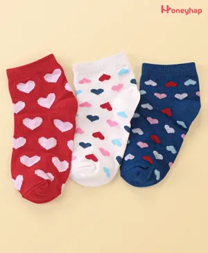 Honeyhap Premium Cotton Bamboo Non Terry Ankle Length Heart Design Socks Pack of 3 - White High Risk Red & Limoges