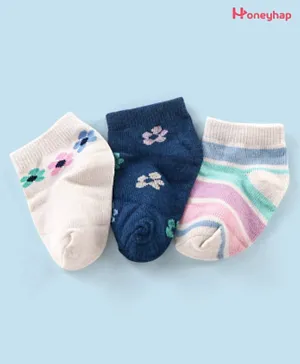 Honeyhap Premium Cotton Bamboo Non Terry Ankle Length  Socks Pack of 3 - White & Navy Peony