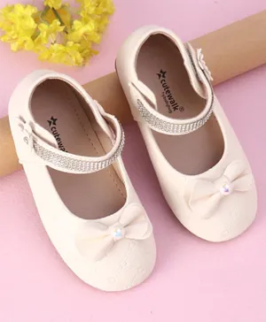 Cute Walk by Babyhug Velcro Closure Bellies with Bow Applique & Pearl & Stud Detailing - Beige