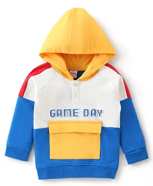 Babyhug Cotton Knit Full Sleeves Puffed Text Printed Hooded Sweatshirt with Cut & Sew Design - White & Blue