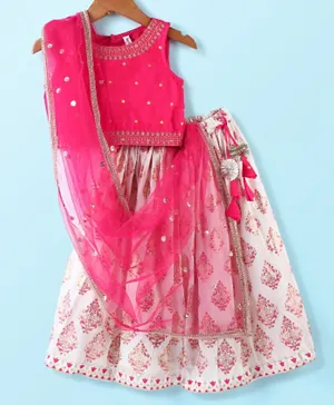 Babyhug Sleeveless Embroidered Choli With Foil Printed Lehenga And Dupatta- Pink & Off White