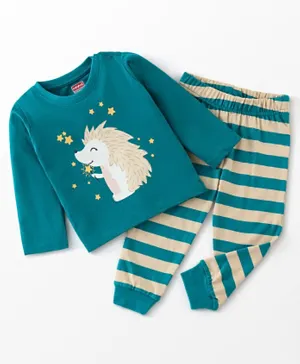 Babyhug Cotton Knit Full Sleeves Night Suit Hedgehog Print - Green